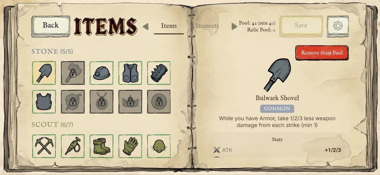 Items screen