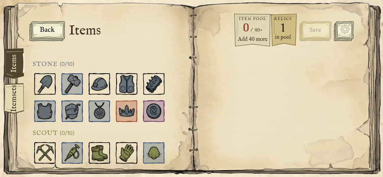 Items screen